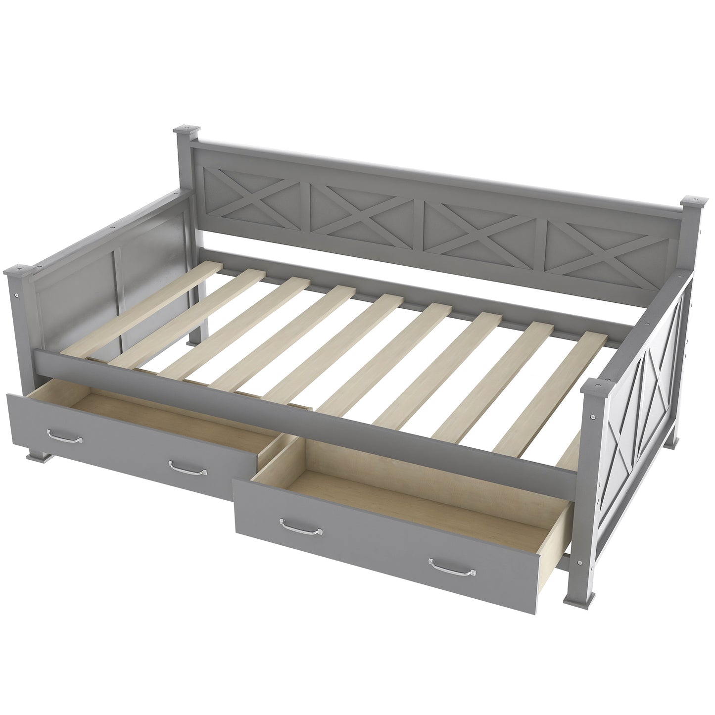 Elegant Twin Size Daybed with Spacious Drawers, X-Frame Design, Modern Rustic Appeal in Gray