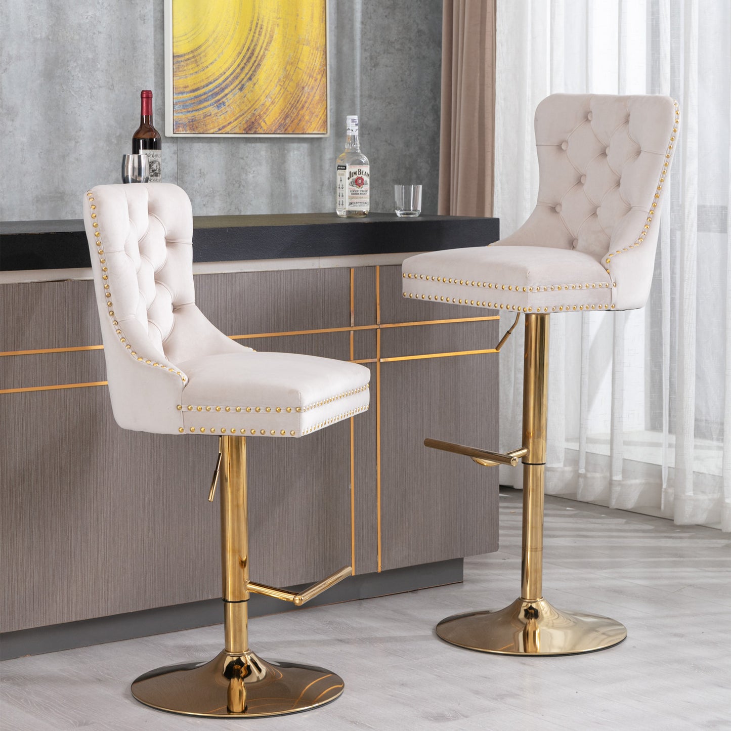 Beige Velvet Swivel Bar Stools Set Of 2 Adjustable