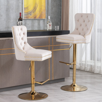 Beige Velvet Swivel Bar Stools Set Of 2 Adjustable