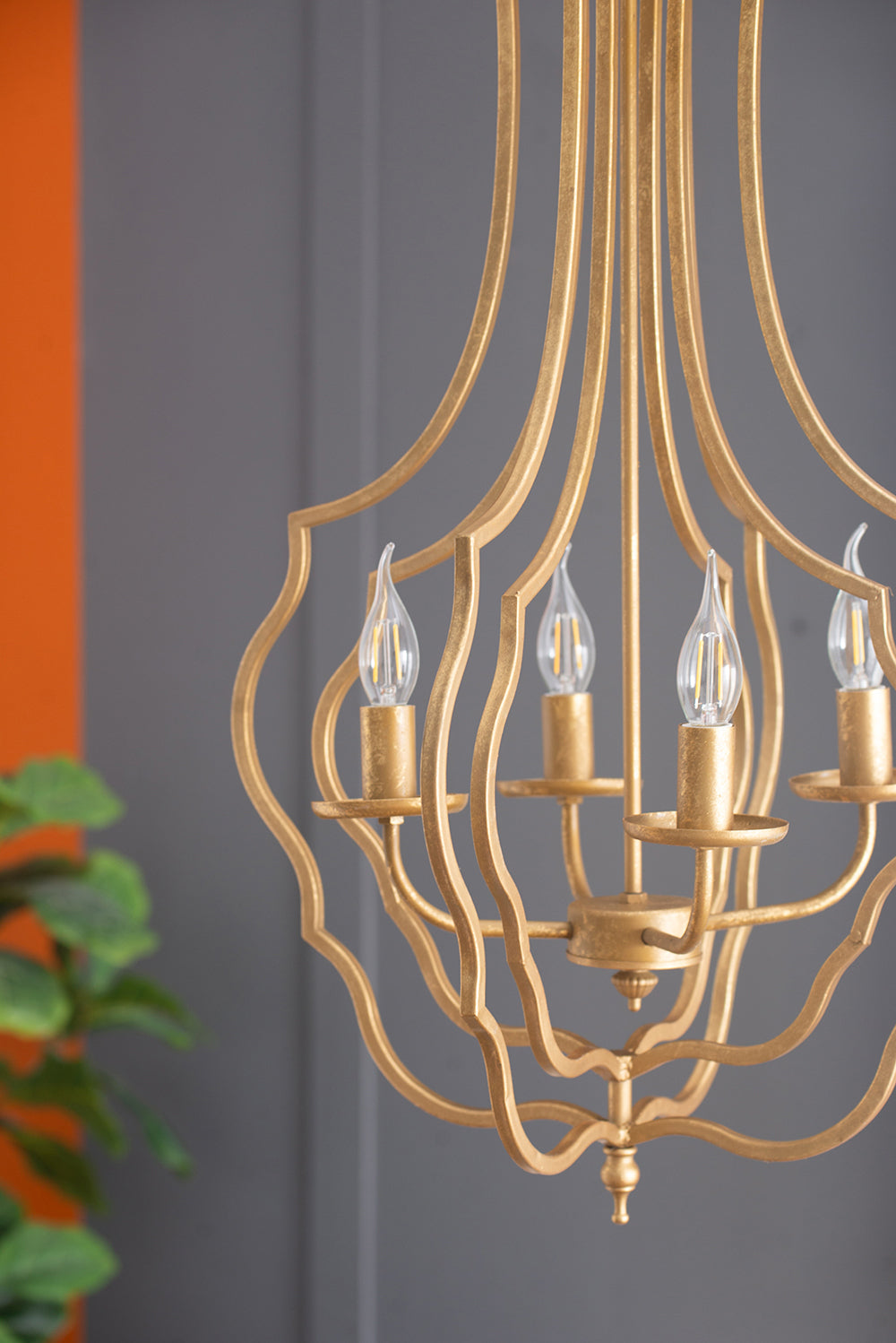 4-Light Iron Chandelier with Chain for Kitchen/Dining, 19.5in Square, 35in Height, 60W E12 Antique Gold