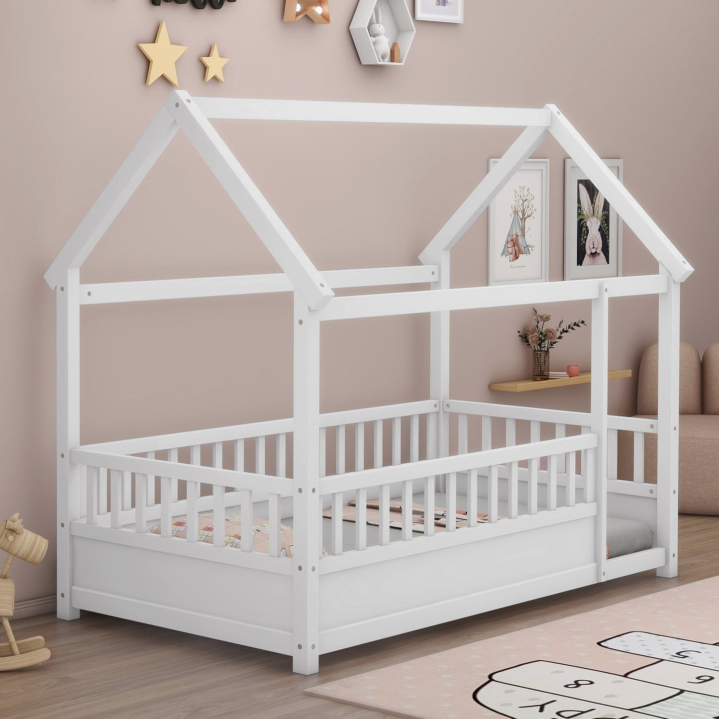Whimsical Twin Floor Bed with House Roof and Safety Guardrails in White