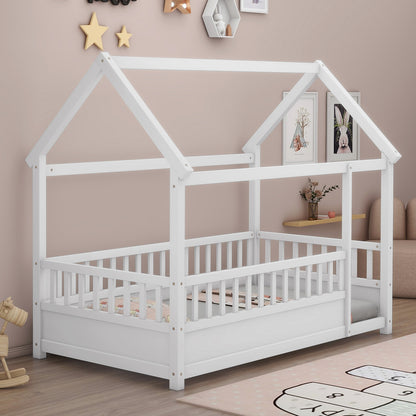 Whimsical Twin Floor Bed with House Roof and Safety Guardrails in White