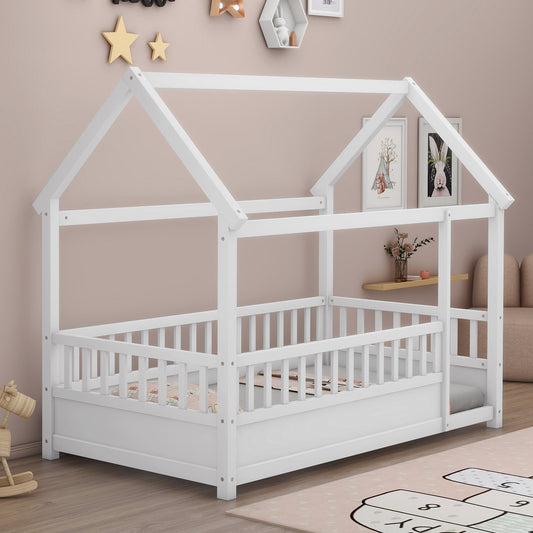 Whimsical Twin Floor Bed with House Roof and Safety Guardrails in White