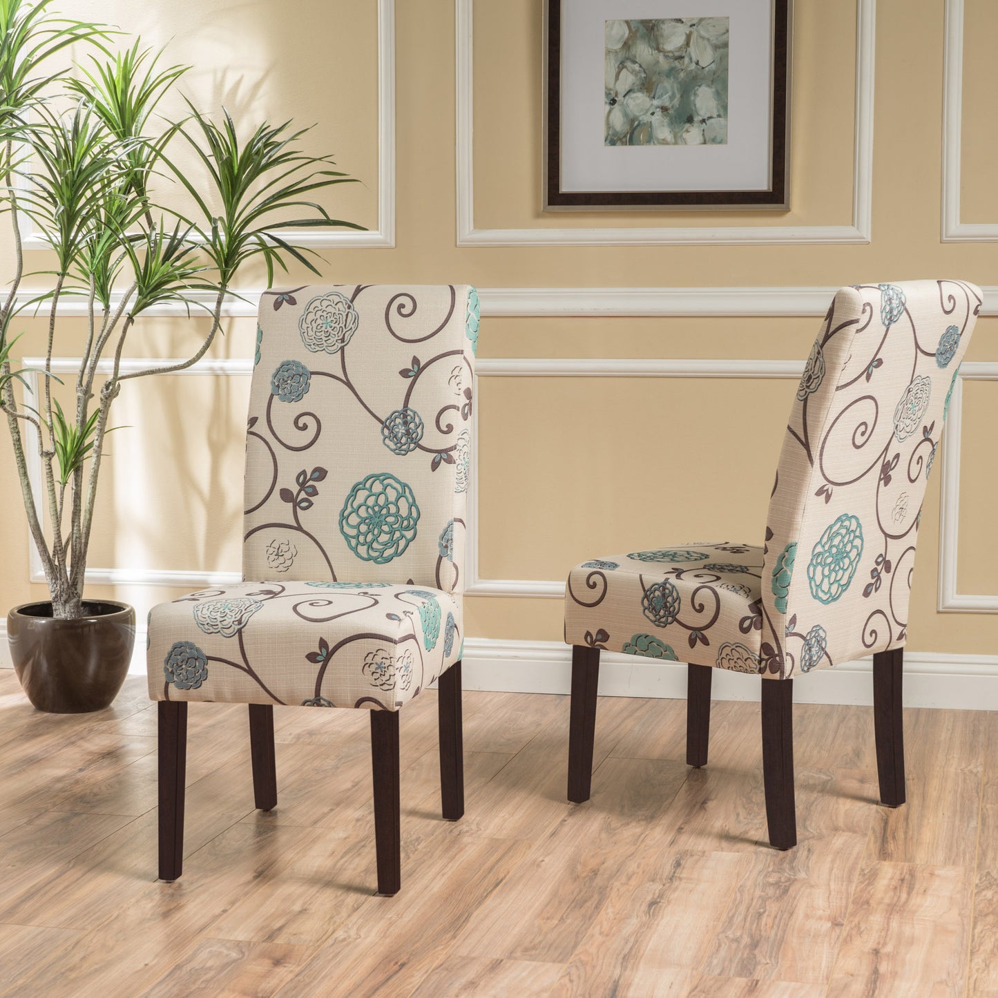 Contemporary Dining Chair Set of 2, 17.5W x 26.5D x 39.5H, Fabric, Rubberwood Legs, White and Blue