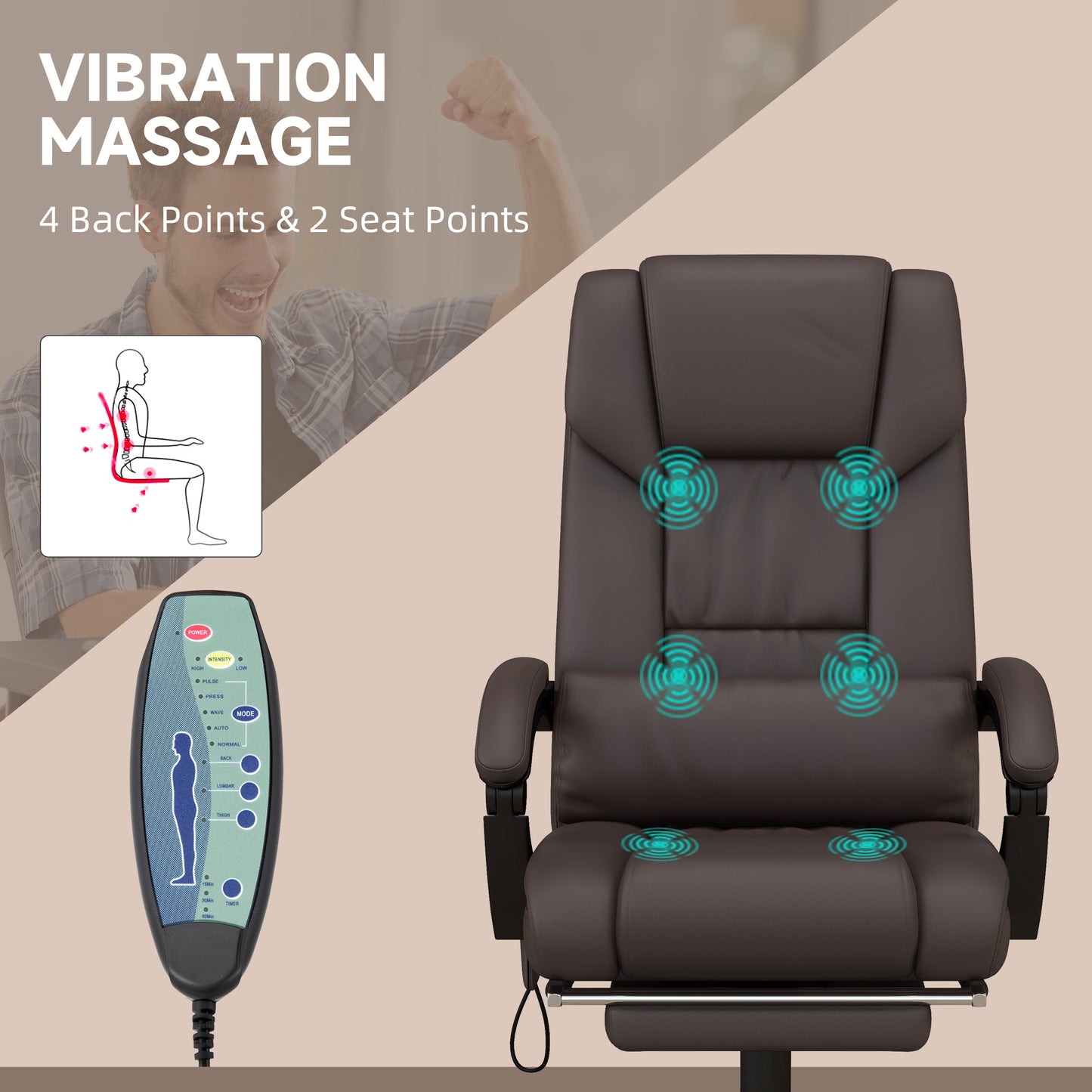 Brown High-Back Massage Office Chair with Remote Control, Adjustable Height, Reclining Footrest, and 6-Point Vibration System