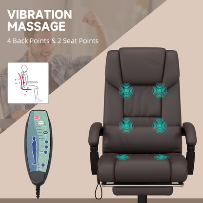Brown High-Back Massage Office Chair with Remote Control, Adjustable Height, Reclining Footrest, and 6-Point Vibration System