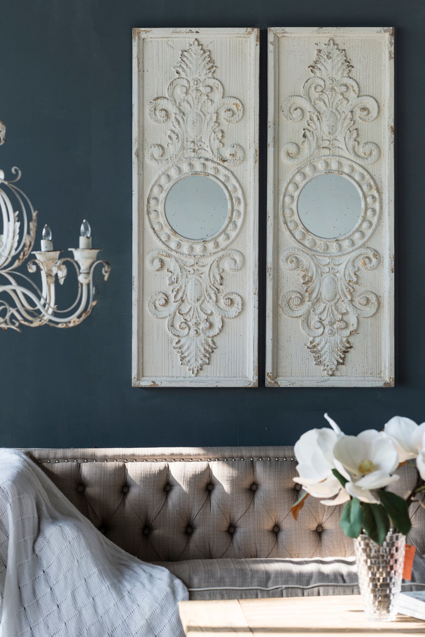 Set of 2 Wooden Wall Panels with Round Mirrors, 16.9 x 48 in, Rustic Modern Wall Decor, Distressed White