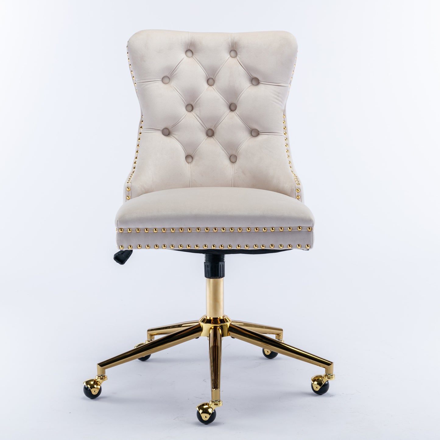 Velvet Tufted Button Office Chair with Golden Base - Adjustable Swivel Desk Chair in Beige