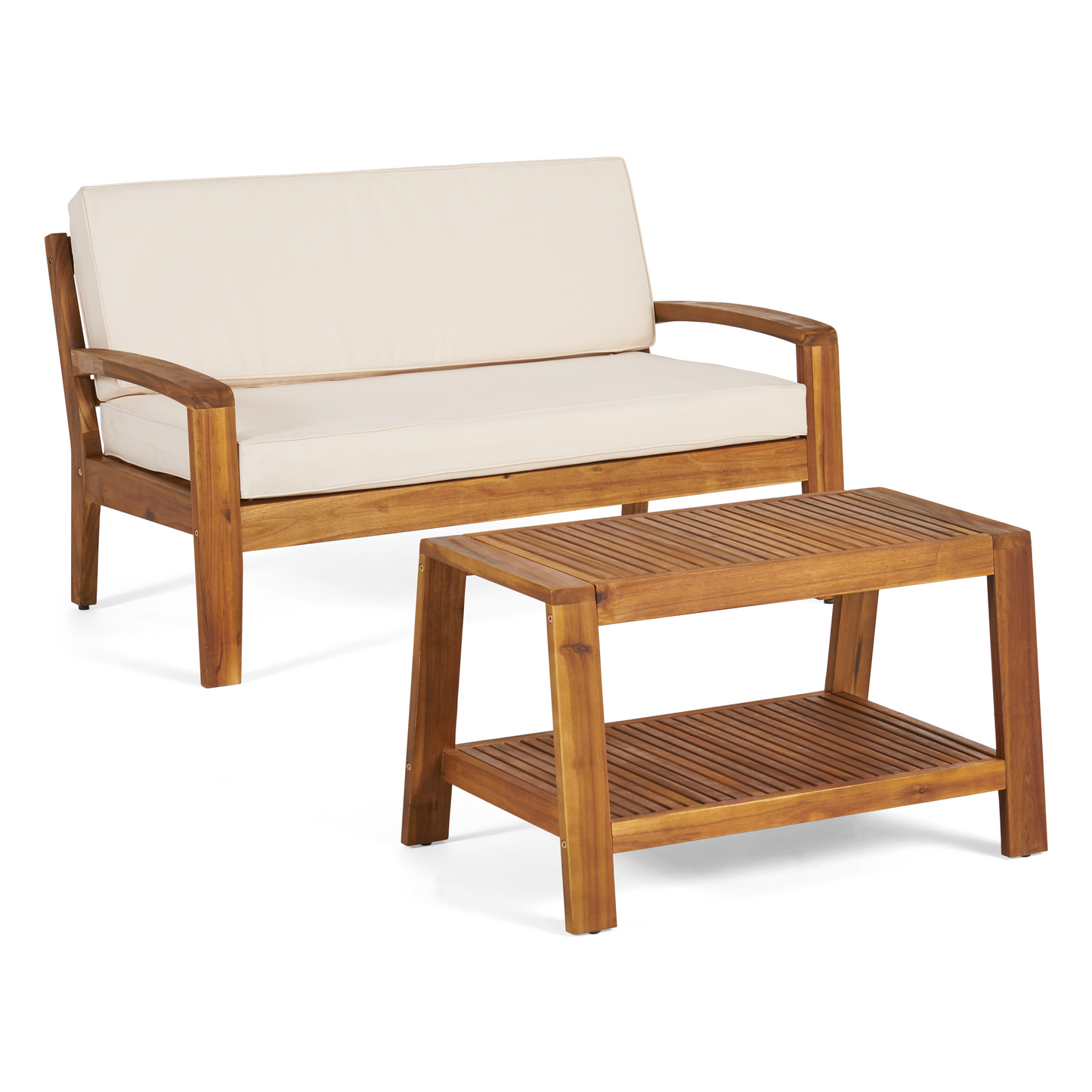 Outdoor Two Person Loveseat and Coffee Table Set Cushions Included Modern Style Acacia Wood