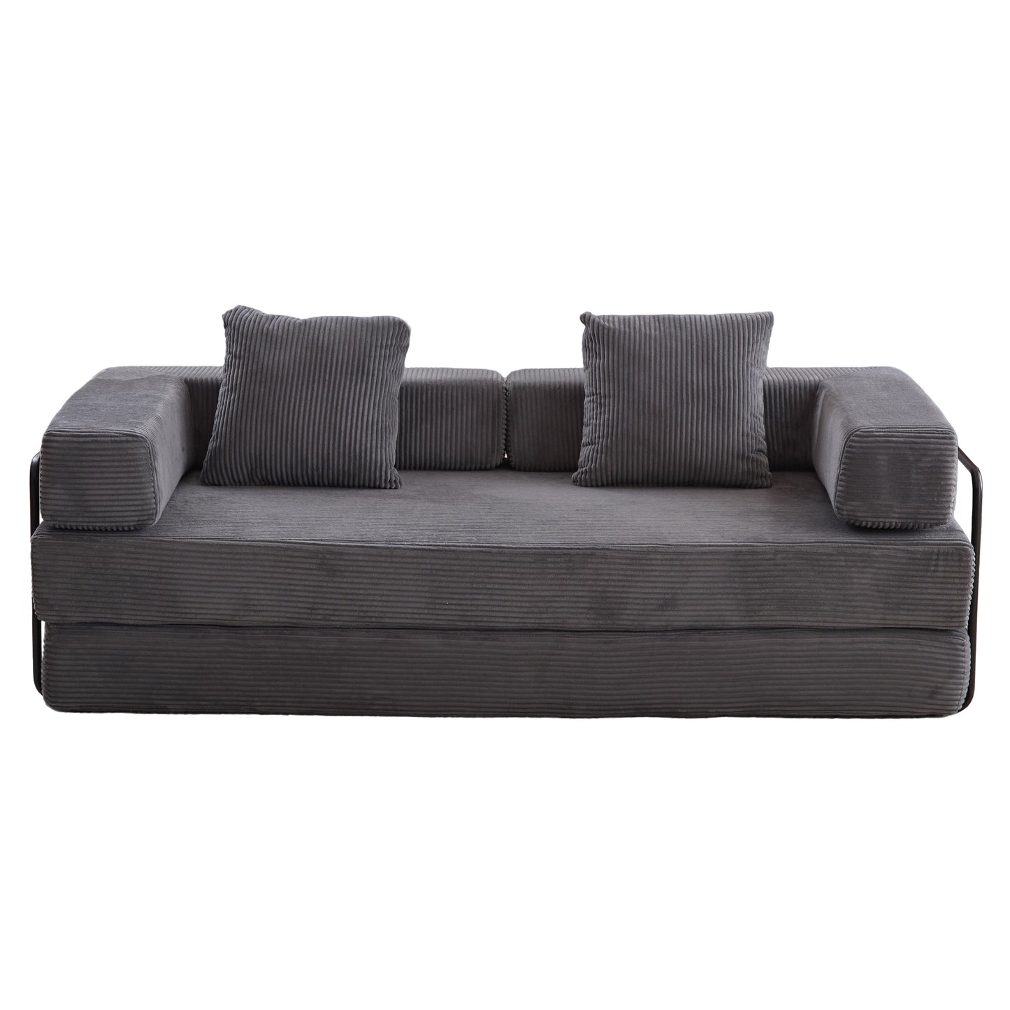 Convertible Floor Sofa Bed with Pillow Back, Corduroy Futon, 3-Seat Lounge Sleeper, Dark Grey