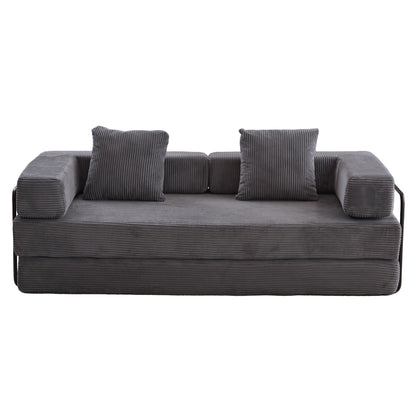 Convertible Floor Sofa Bed with Pillow Back, Corduroy Futon, 3-Seat Lounge Sleeper, Dark Grey