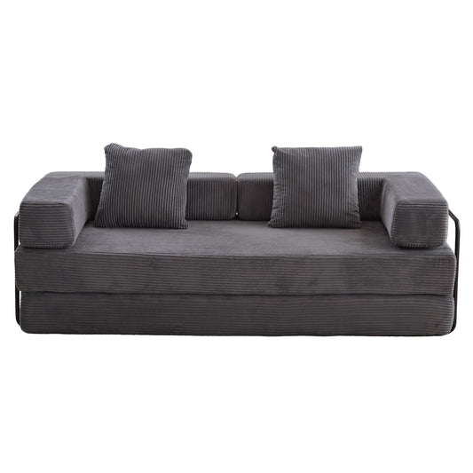 Convertible Floor Sofa Bed with Pillow Back, Corduroy Futon, 3-Seat Lounge Sleeper, Dark Grey