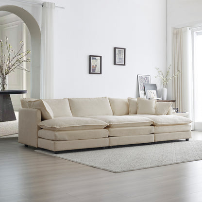 Modular 6-Seater U-Shape Sectional Sofa with 3 Ottomans & 5 Cushions, Reversible Chenille Beige