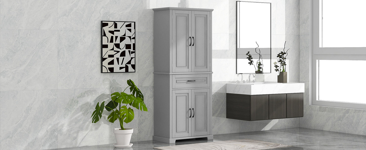 Tall Grey MDF Bathroom Storage Cabinet with Adjustable Shelf and Multiple Storage Solutions