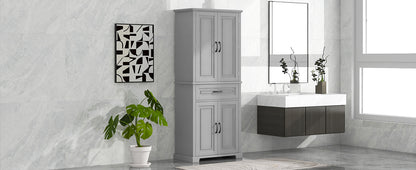 Tall Grey MDF Bathroom Storage Cabinet with Adjustable Shelf and Multiple Storage Solutions