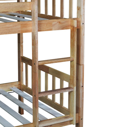 Convertible Twin Over Twin Bunk Bed with Trundle, Rubber Wood Design, Ladder & Safety Guardrails, Natural Finish