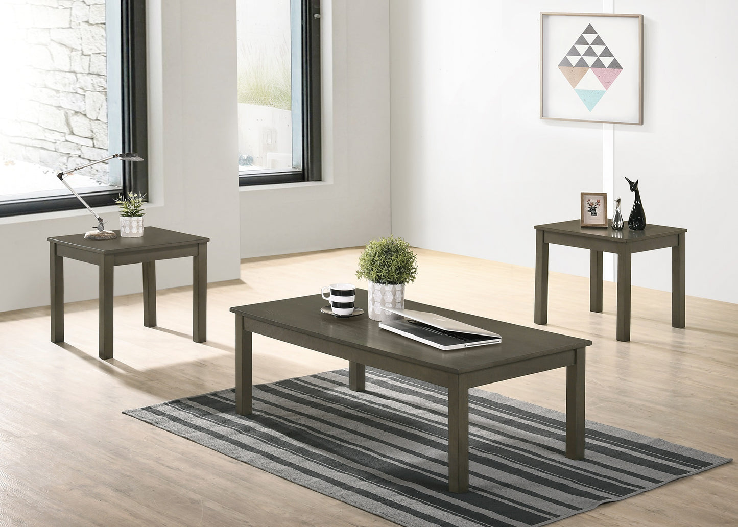 3-Piece Living Room Coffee Table Set: Rect. Coffee Table + 2 End Tables, MDF/Rubber Wood, Modern Style Dark Gray
