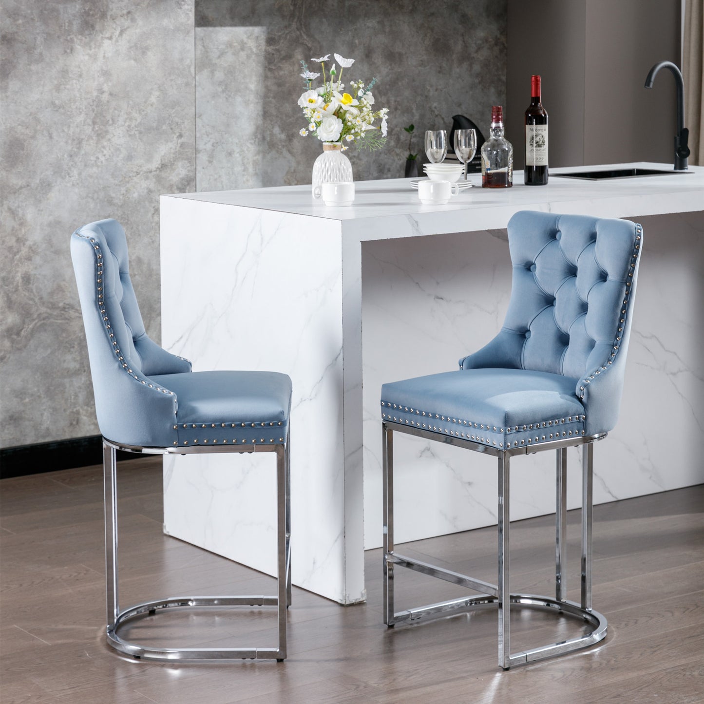 26 Inch Counter Height Bar Stools Set 2 Light Blue Velvet
