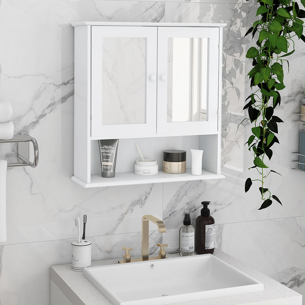 Modern White Bathroom Wall Cabinet with Double Mirror Doors and Adjustable Shelves