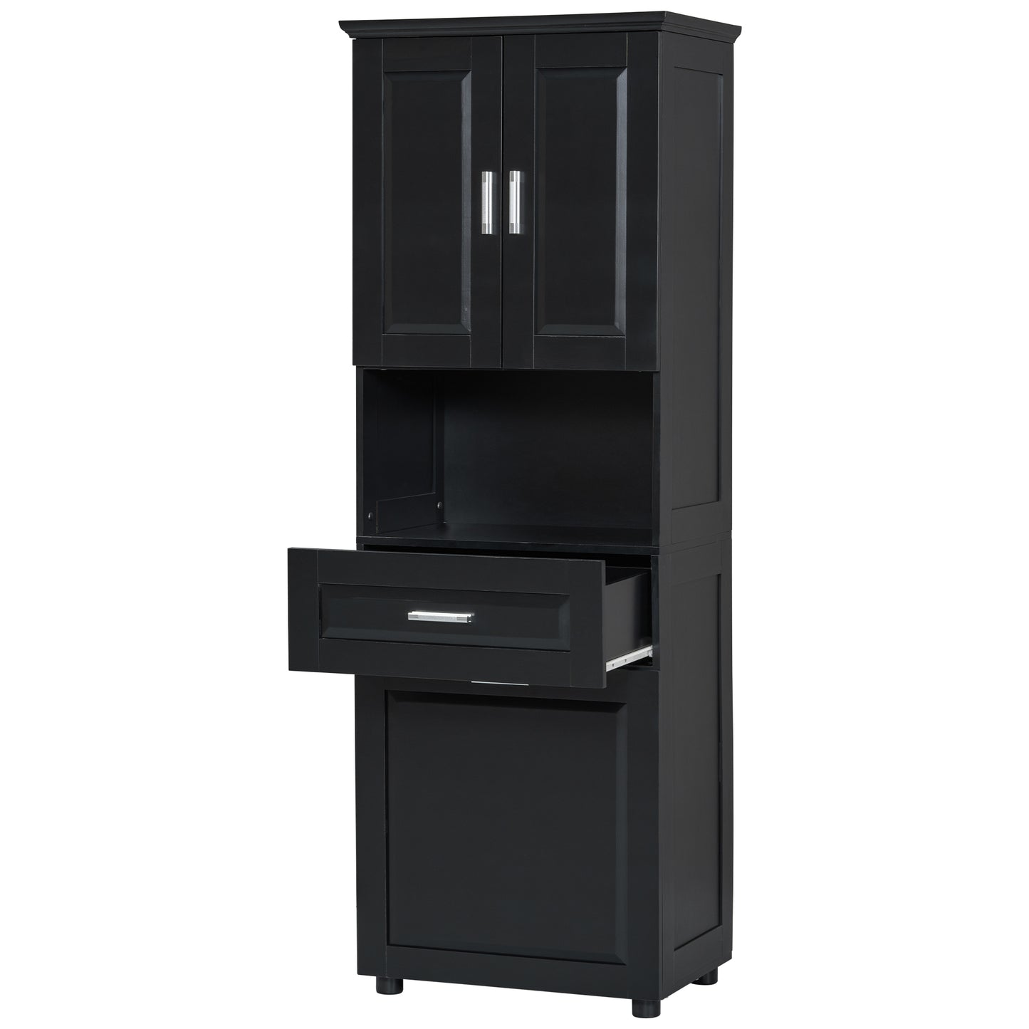 Stylish Tall Black Bathroom Storage Cabinet with Removable Laundry Basket and Ample Organizing Space