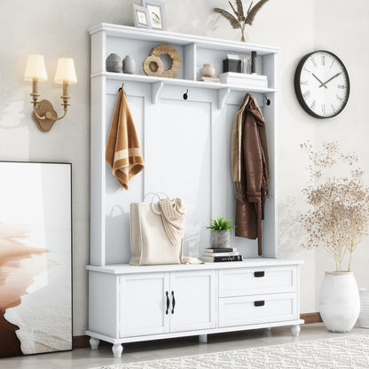 Modern Hall Tree with Storage Cabinet and 2 Drawers, Bench with 5 Coat Hooks, 59W x 15.7D x 80.3H White