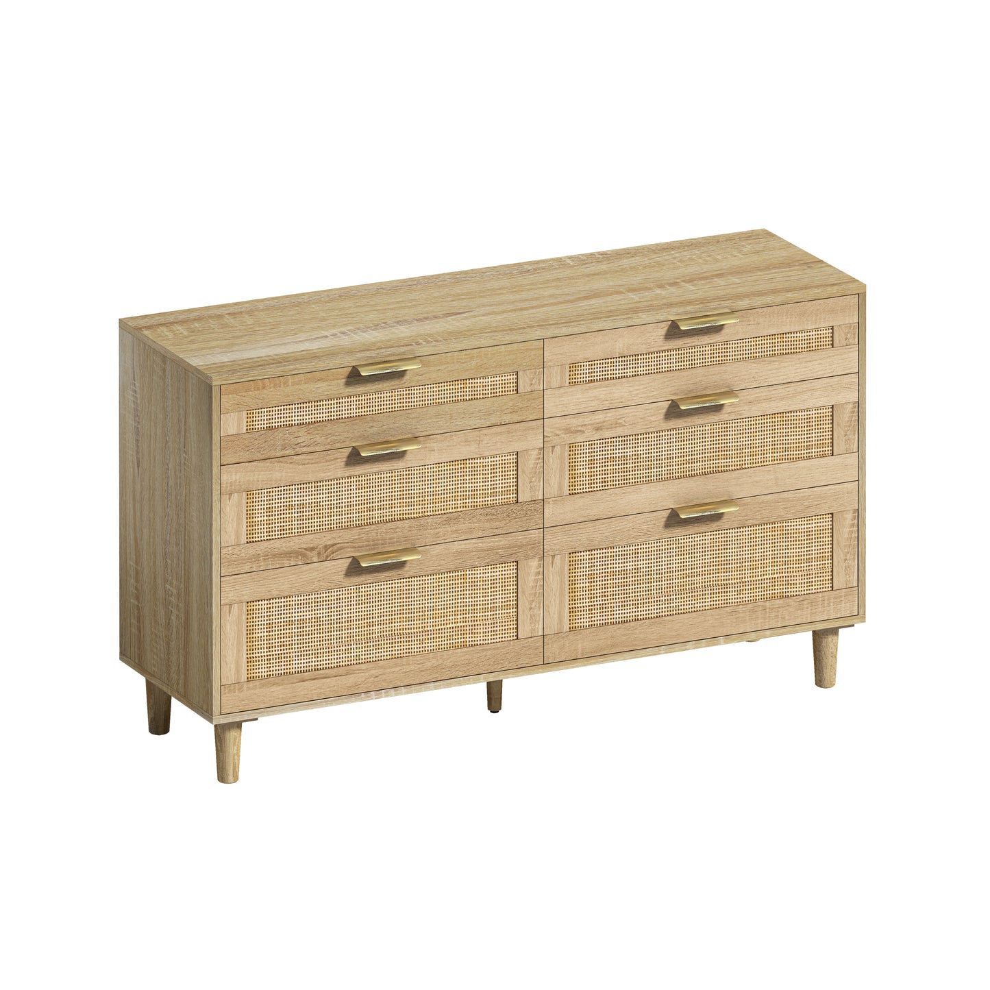 Elegant 51" Rattan Storage Dresser with 6 Drawers for Bedroom and Living Room, Modern Wood Legs and Metal Handles, Natural Finish