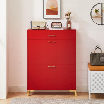 Red Freestanding Shoe Storage Cabinet with Dual Flip Drawers for Entryway and Hallway Organization