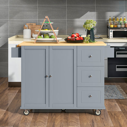 Versatile Rolling Kitchen Island with Solid Wood Top, Locking Wheels & Ample Storage - 52.7 Inch (Grey Blue)