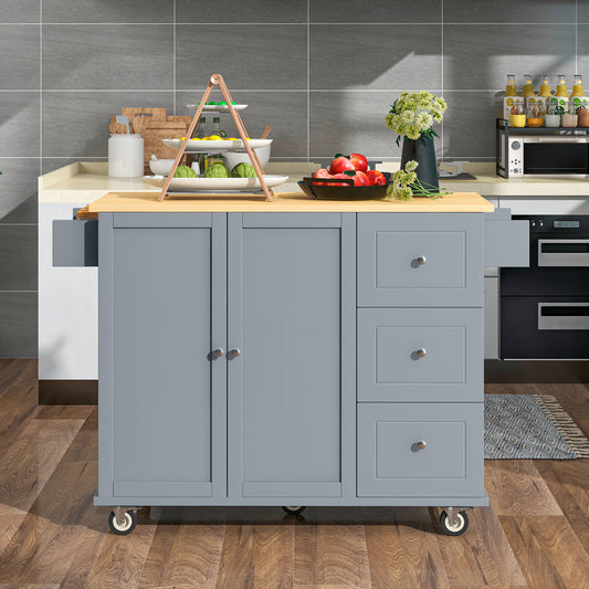 Versatile Rolling Kitchen Island with Solid Wood Top, Locking Wheels & Ample Storage - 52.7 Inch (Grey Blue)