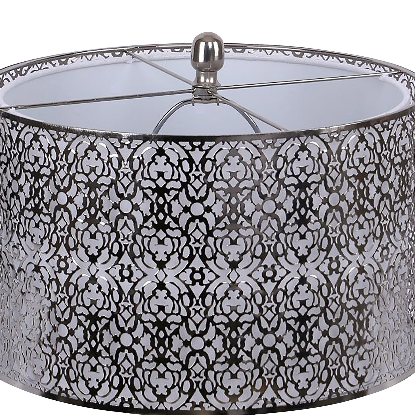 63-Inch Metal Floor Lamp with Laser Cut Metal, White Linen Shade, 3-Way Switch, Polished Nickel