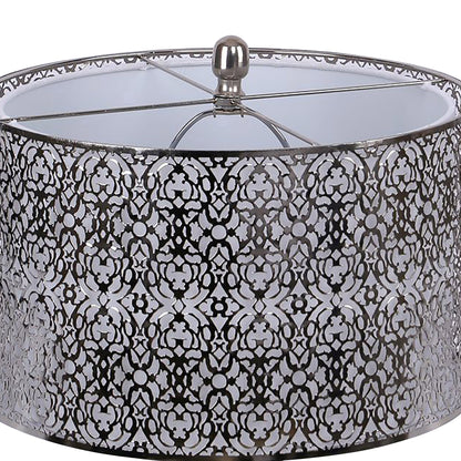 63-Inch Metal Floor Lamp with Laser Cut Metal, White Linen Shade, 3-Way Switch, Polished Nickel