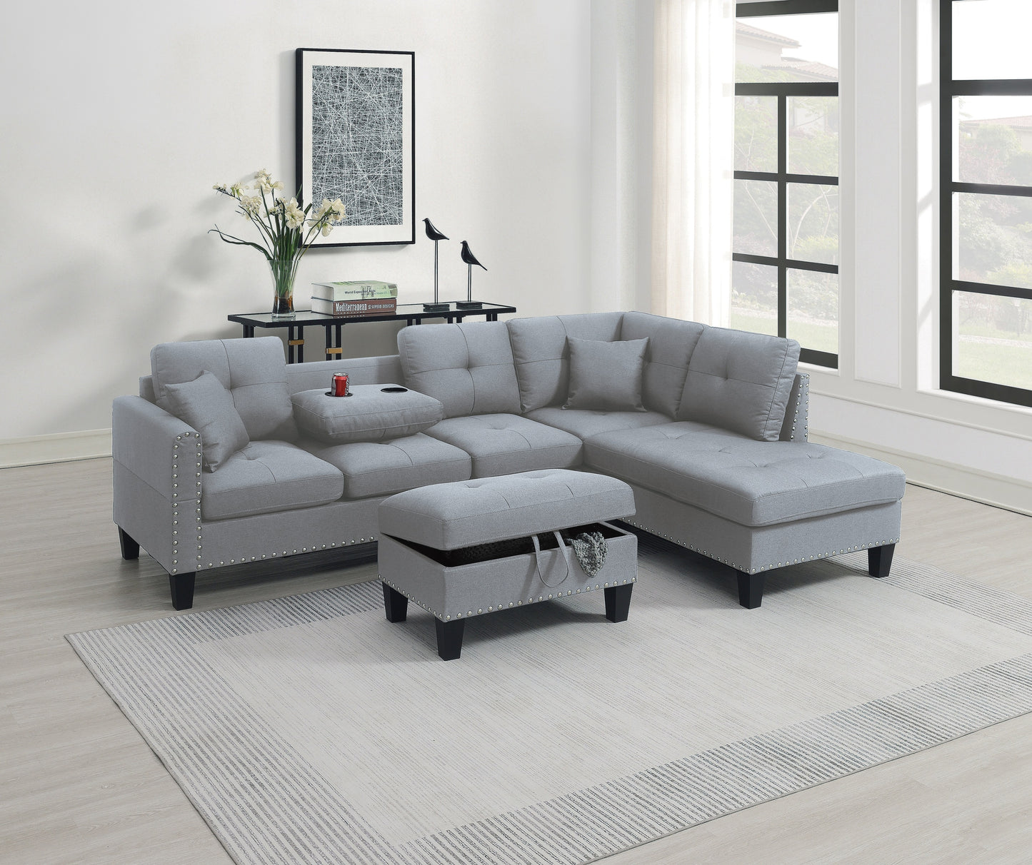 3pc L-Shaped Sectional Sofa Set with Tufted Cushions, Linen-Look Fabric, Modern Living Taupe Grey