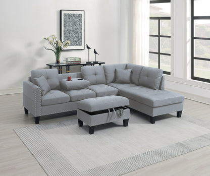 3pc L-Shaped Sectional Sofa Set with Tufted Cushions, Linen-Look Fabric, Modern Living Taupe Grey