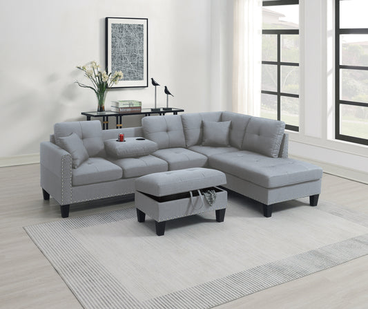3pc L-Shaped Sectional Sofa Set with Tufted Cushions, Linen-Look Fabric, Modern Living Taupe Grey