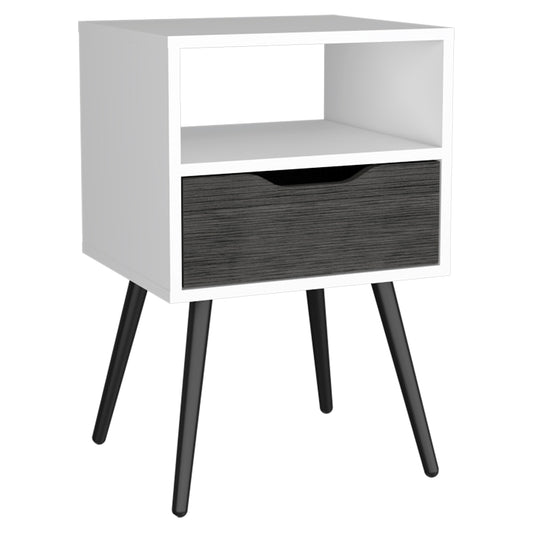 Otom Nightstand , Superior Top, One Open Shelf, One Drawer, Four Legs -Smokey Oak / White