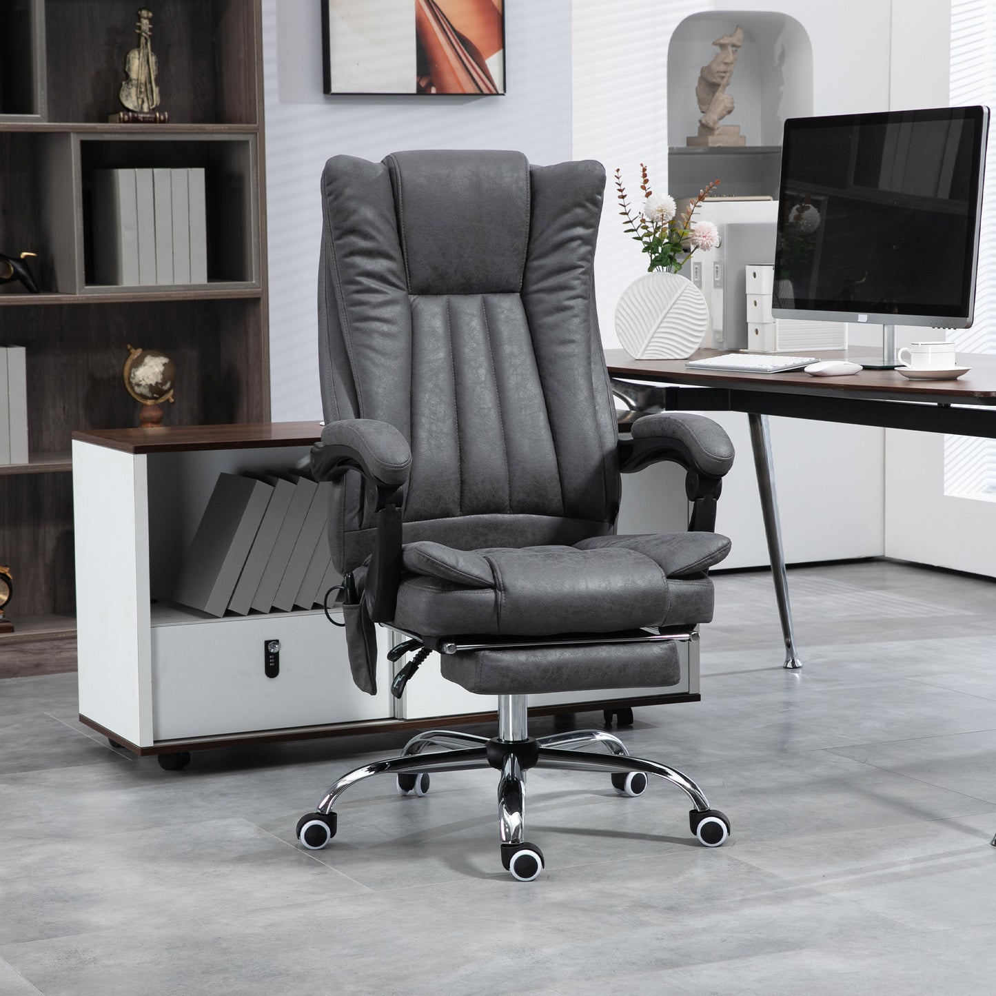 Vinsetto High Back Massage Office Chair with Heat, Adjustable Height, and Footrest - Rock Grey Microfiber