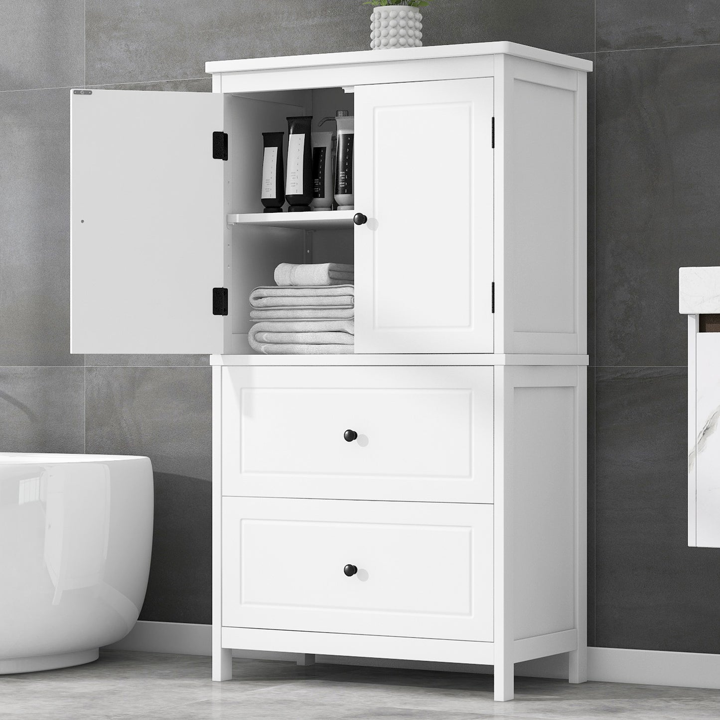 White MDF Bathroom Storage Cabinet with Adjustable Shelves, Two Doors, and Drawers