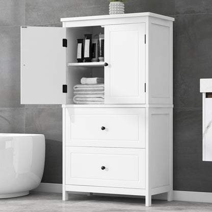 White MDF Bathroom Storage Cabinet with Adjustable Shelves, Two Doors, and Drawers