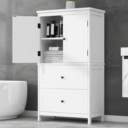White MDF Bathroom Storage Cabinet with Adjustable Shelves, Two Doors, and Drawers
