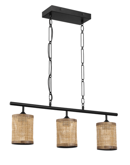 Three-Light Island Ceiling Lamp with Natural Rattan Shade, Farmhouse Chain Fixture for Dining Room Black