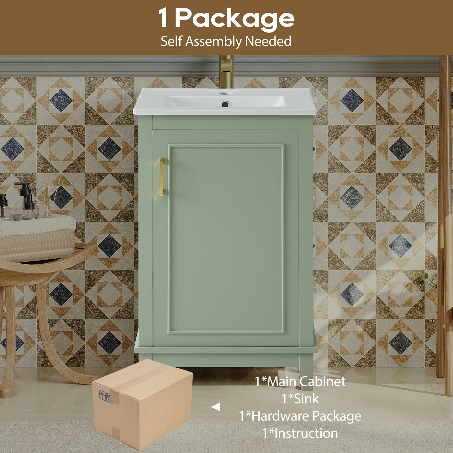 Compact 20-Inch Green Bathroom Vanity Cabinet with Ceramic Sink - Stylish Storage Solution for Small Spaces