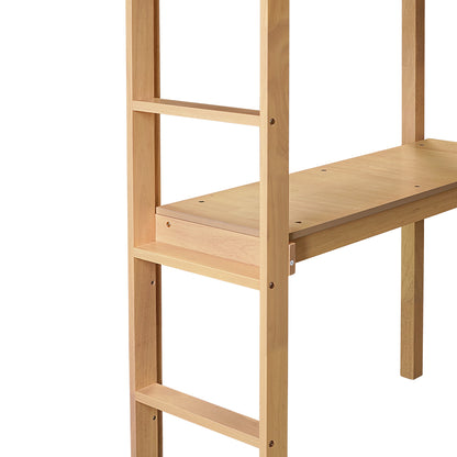 Modern Twin High Loft Bed with Built-in Desk and Safety Guardrail in White Oak