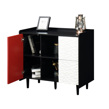 Sideboard Buffet Cabinet, Black Storage Cabinet with Red Doors , 2 Drawers with unique panel styling and 2 Open Storage Compartment, Modern Coffee Bar Cabinet Accent Cabinet for Kitchen, Dining Room,