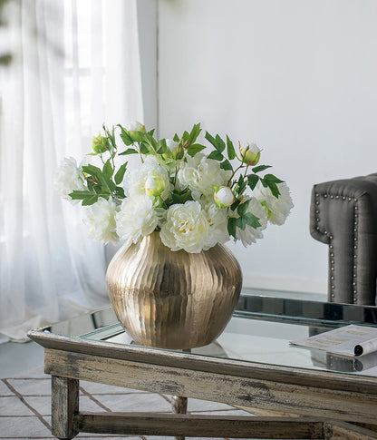 Aluminum Flower Vase, 11 x 11 x 9 Inches, Short Round Chisel-Style Tabletop Decor for Living Room Gold