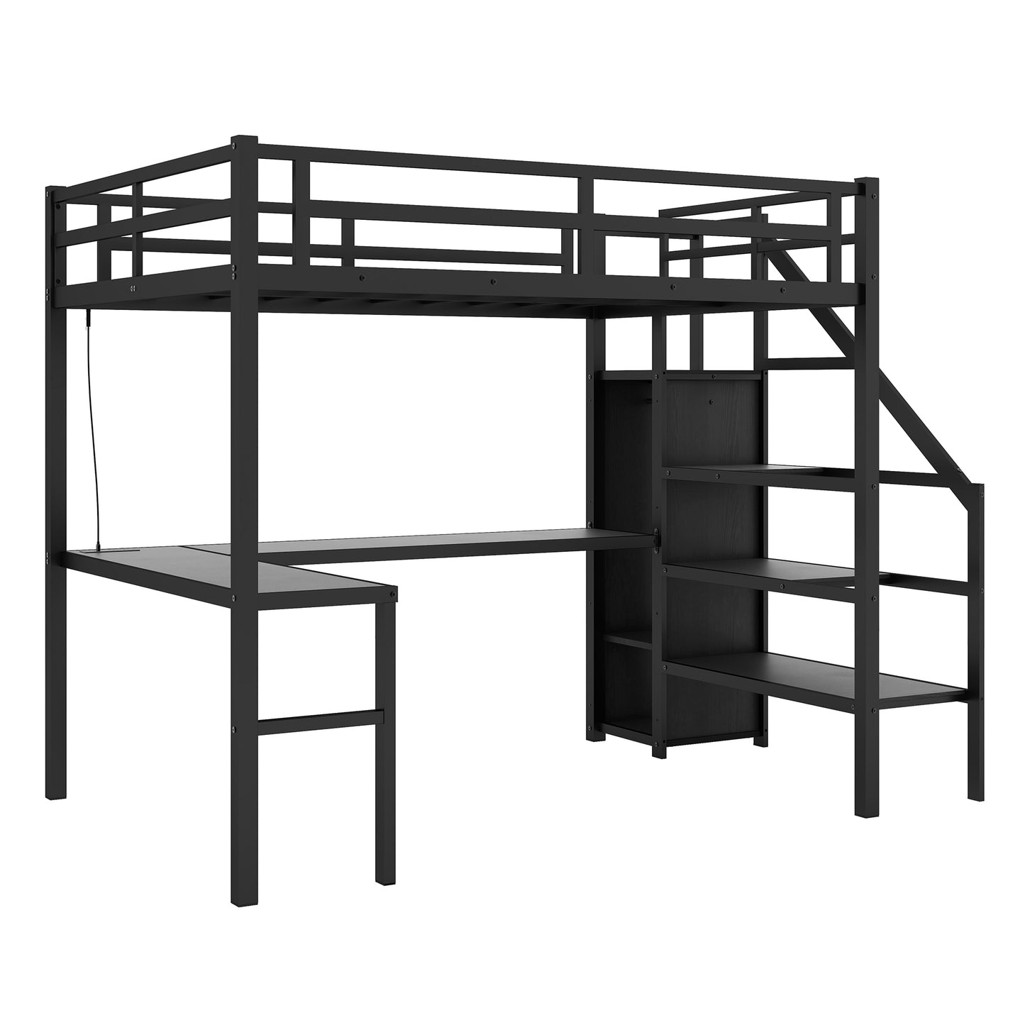 Twin XL Metal Loft Bed with L-shaped Desk, USB Charging Station, Wardrobe, and LED Lights - Stylish Space-Saving Solution for Teens and Adults in Black