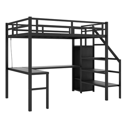 Twin XL Metal Loft Bed with L-shaped Desk, USB Charging Station, Wardrobe, and LED Lights - Stylish Space-Saving Solution for Teens and Adults in Black