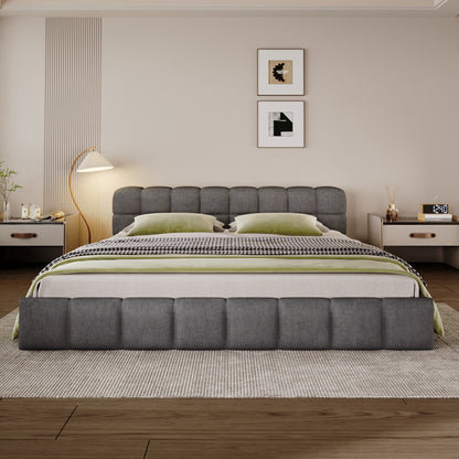 King-Size Chenille Upholstered Bed with Checkerboard Design, Wood Frame, Contemporary Bedroom, Gray