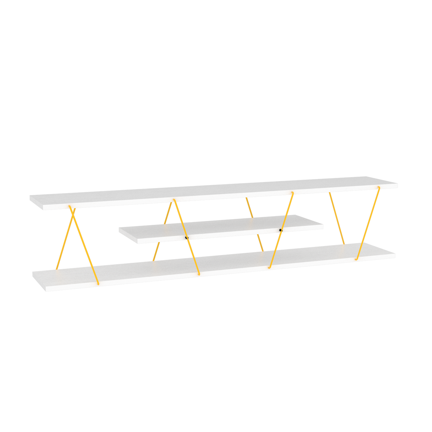 Mid Century Modern TV Stand, 56-Inch Wide, 4-Shelf Open Storage, Low Entertainment Center, White/Yellow