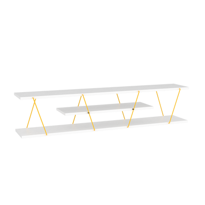 Mid Century Modern TV Stand, 56-Inch Wide, 4-Shelf Open Storage, Low Entertainment Center, White/Yellow