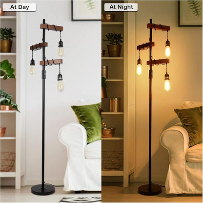 68-Inch 3-Head Dimmable Floor Lamp, Wood & Metal Base, Rustic Farmhouse Lighting for Living Room Black